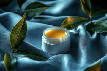 Poster - A Jar of Yellow Cream on a Blue Fabric Background with Green Leaves