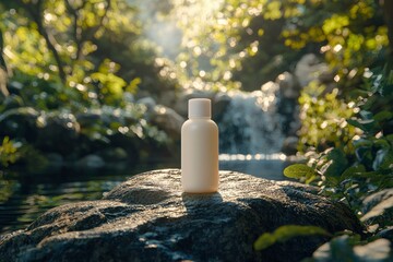 Sticker - White Bottle on a Rock by a Stream in a Lush Green Forest