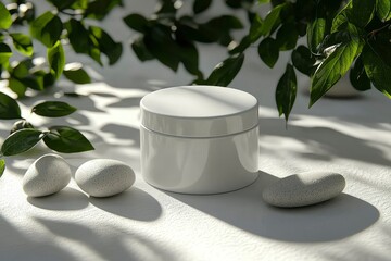 Poster - White Cream Jar on a White Surface with Green Leaves and Gray Stones