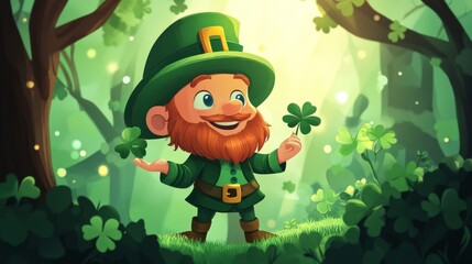 Wall Mural - A cheerful leprechaun in a green forest.