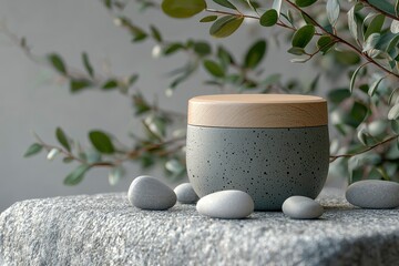 Sticker - Grey Jar with Wooden Lid Surrounded by Stones and Greenery