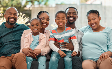 Portrait, happy African family and generations relax at backyard for love, care or people bonding together. Smile, children and parents with grandparents for connection, growth and support outdoor