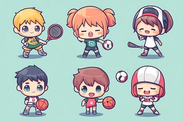 Wall Mural - Cute chibi kids playing sports, illustration set. Tennis, baseball, soccer, basketball