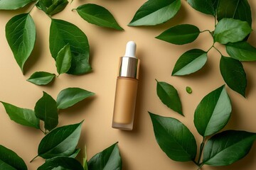 Poster - A Golden Serum Bottle Surrounded by Green Leaves on a Tan Background