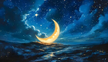 Wall Mural - Serene Night Sky with Crescent Moon Casting Soft Light on Dazzling Stars