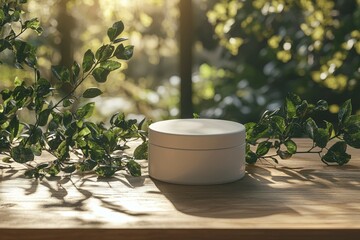 Poster - White Jar with Green Leaves and Sunlight Shadows on a Wooden Surface