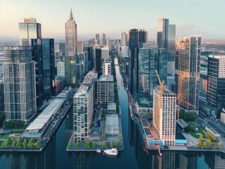 Aerial view of Melbourne Docklands waterfront with vibrant skyline. Skyscrapers, cranes, container ships in noisy harbor. Modern cityscape with industrial development. Sunlight illuminates urban