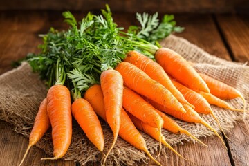 Wall Mural - Fresh Carrots with Green Tops on Burlap and Wood