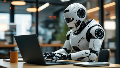 Futuristic robot engaged in laptop tasks within a modern office setting, showcasing advanced technology and innovation