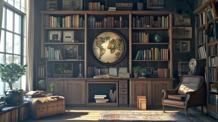 Wall Mural - A cozy library with a globe, bookshelves, and a comfortable armchair.