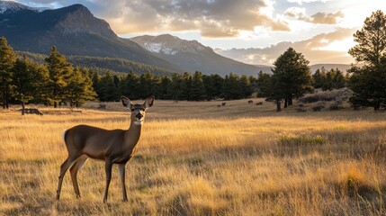 Wall Mural - A deer stands in a field with mountains in the background.