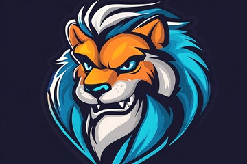 Wall Mural - Fierce Cartoon Lion Mascot Head with Blue and Orange Fur