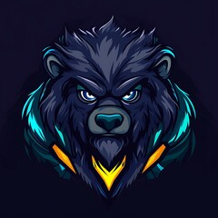 Canvas Print - Black bear mascot logo with blue and yellow accents, gamer, esports team, sport, animal mascot