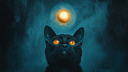 A black cat with glowing eyes staring at a mystical orb floating above its head.