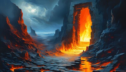 Wall Mural - Mystical Portal to the Unknown Surrounded by Enigmatic Flames