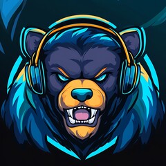 Canvas Print - Gaming mascot logo,  Angry bear with headphones and neon glow for esports team