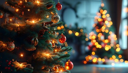 Wall Mural - Festive Christmas Tree Adorned with Ornaments and Twinkling Lights Against a Joyful Celebration Background