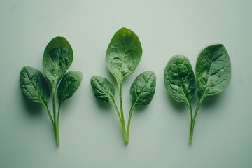 Wall Mural - Three Sprigs of Spinach on a Light Green Background