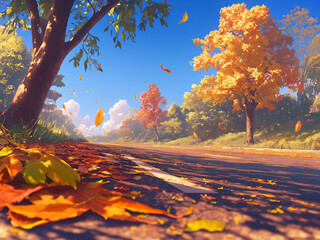 Landscape with asphalt road. Styled like an anime or game background. Blue sky, sunset, sunrise, night, fog, snow, rain, cloudiness, autumn leaves, etc.