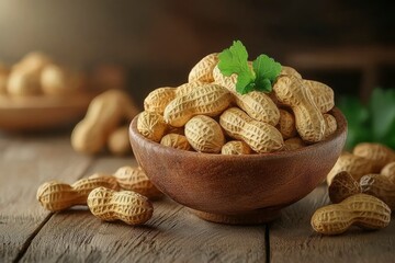 Poster - A Bowl of Shelled Peanuts with Green Leaves on a Wooden Surface