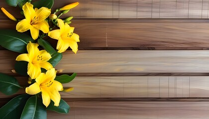 Wall Mural - Vibrant Daylilies on Rustic Wooden Surface with Ample Copy Space, Capturing the Essence of Summer’s Floral Beauty