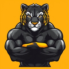 Poster - Powerful black panther with muscular body, yellow stripes, and crossed arms for mascot or logo