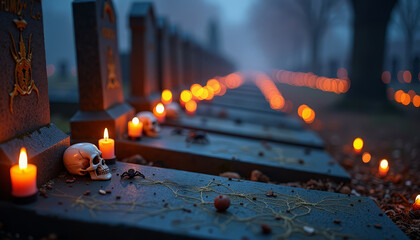 Spooky halloween cemetery scene with skulls, glowing orange candles, and creepy spiders on gravestones on dark blue grey foggy night and misty haunted eerie atmosphere.