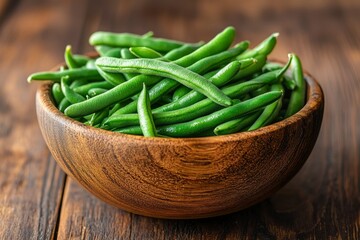 Wall Mural - Fresh Green Beans in a Wooden Bowl