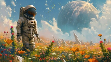 Wall Mural - astronaut stands in field of vibrant flowers on distant alien planet. astronaut spacesuit blends wit