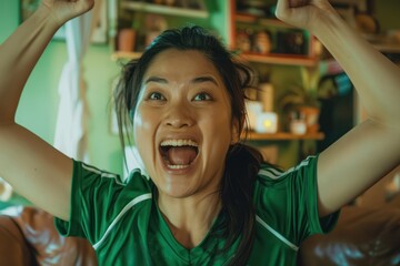 Cozy living room scene joyful moment of Asian woman celebrating in green shirt, arms raised, beaming smile, warm. Background features comfortable couch against one wall, adding to overall sense of