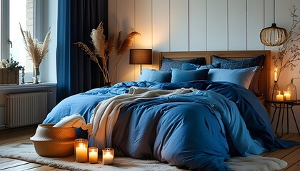 Wall Mural - Serene bedroom oasis featuring blue bedding and warm decorative candles for a perfect home comfort ambiance