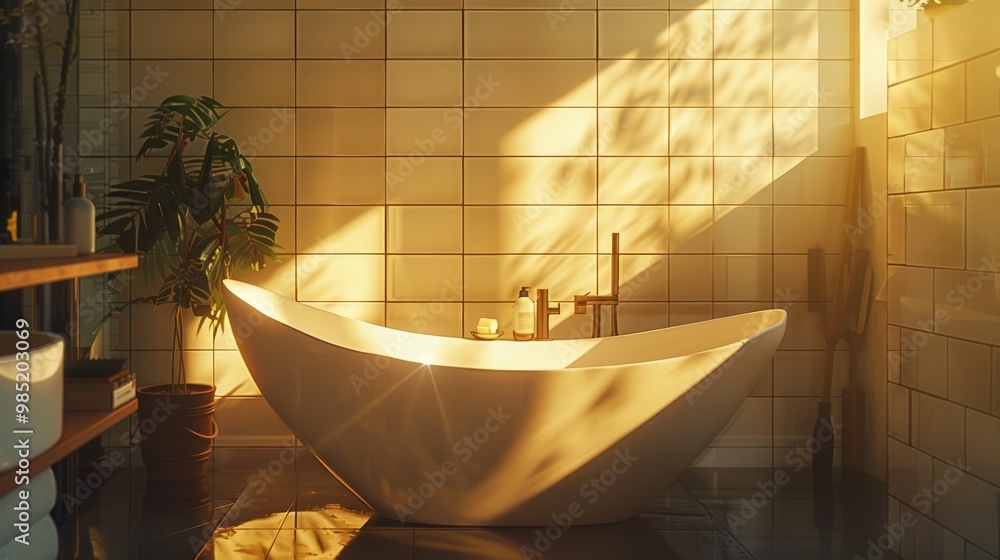 Neutral-hued bathroom section highlighting a triangular tub near a ...