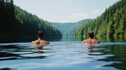 Two men swimming in a peaceful forest lake, surrounded by lush green hills and dense trees, enjoying nature and tranquility.