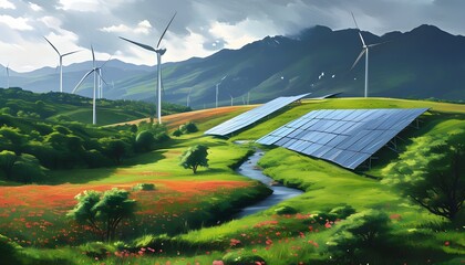 Wall Mural - Exploring Sustainable Energy Horizons in a Lush Green Landscape