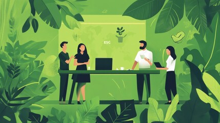 Wall Mural - A group of people discussing esg strategy amidst lush greenery.