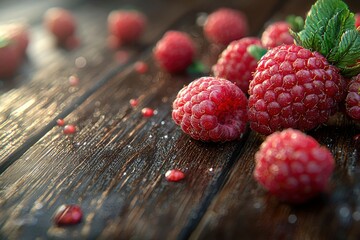 Sticker - Fresh Raspberries on a Wooden Surface with Water Droplets