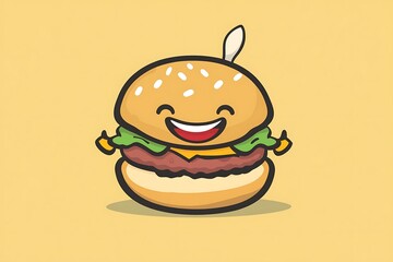 Wall Mural - Cute Cartoon Happy Hamburger with Smiling Face, Perfect for Food Illustration and Branding