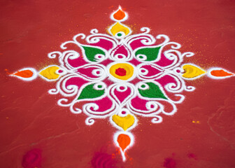 Sticker - Rangoli pattern on the threshold, Hinduism religion and indian customs concept, Ugadi, Gudi Padwa Hindu New Year celebration.