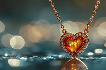 Sticker - Gold Heart-Shaped Pendant Necklace with Topaz Gemstone and Diamond Accents