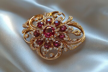 Wall Mural - Gold Brooch with Red Gemstones and Diamond Accents