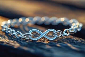 Sticker - Silver Infinity Bracelet with Chain on Wood Background