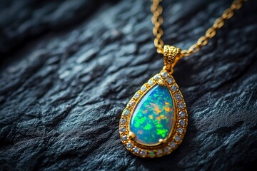 Sticker - Gold Necklace with Opal Pendant on Dark Surface