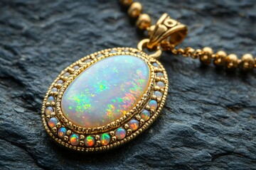 Sticker - Gold Opal Pendant with Beaded Border on Black Stone Background