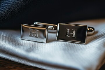 Sticker - Silver Cufflinks with Engraved Letter H on White Fabric