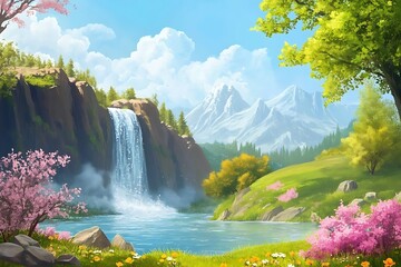 Canvas Print - Scenic mountain landscape with waterfall, lake, and blooming trees