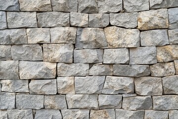 Close-up of granite stone wall texture with stacked blocks, rough surface, natural pattern. Beige and gray colors. Background for construction, architecture, interior design.