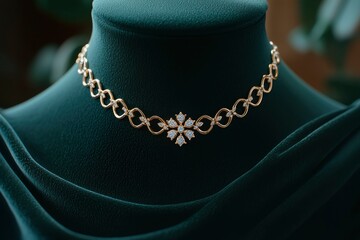 Sticker - Diamond and Gold Necklace with Flower Pendant on Green Velvet