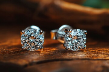 Sticker - Close-up of Diamond Stud Earrings on Wooden Surface