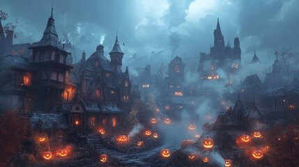 Wall Mural - A festive Halloween scene unfolds as charming houses glow warmly, adorned with jack-o-lanterns and lanterns that flicker in the night.