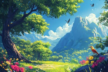 Canvas Print - Fantasy Landscape with Mountain Range, Lush Foliage, and Flying Birds